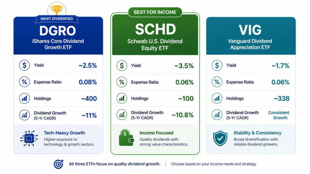 DGRO vs SCHD vs VIG dividend ETF comparison showing yield expense ratio performance and dividend growth rate in 2026