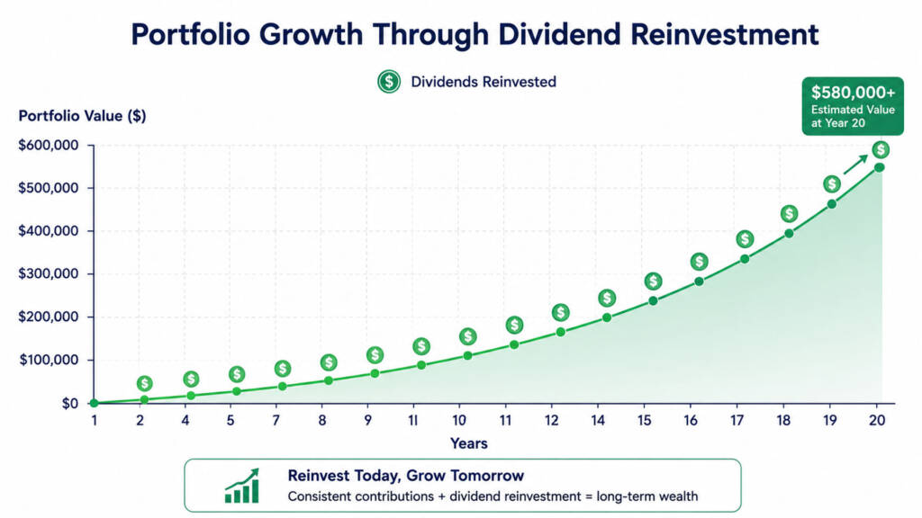 Visual chart showing dividend compounding growth over 20 years to illustrate building a dividend portfolio in 2026