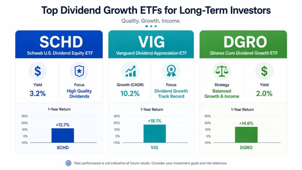 Comparison chart of SCHD VIG and DGRO dividend growth ETFs for beginner investors in 2026