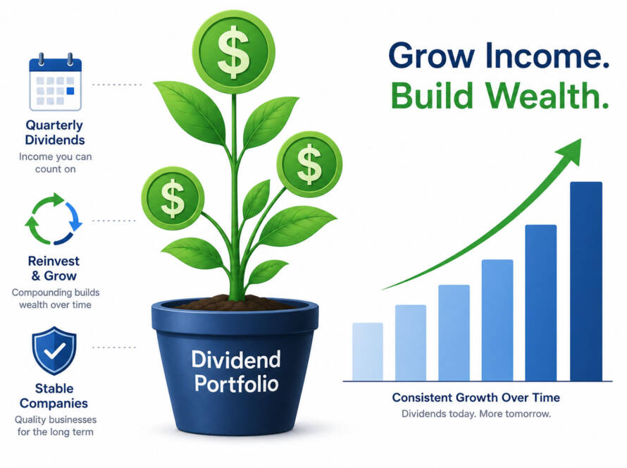 Beginner's guide to dividend growth investing showing compounding income growth chart in 2026