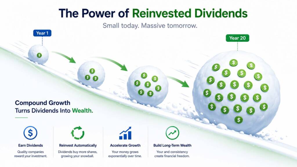 Dividend growth investing snowball compounding effect illustration showing reinvested dividends growing over time
