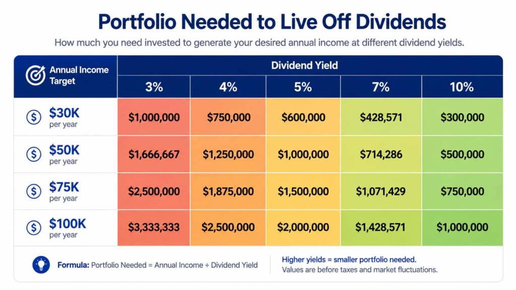 Dividend portfolio size needed to live off dividends at different yield levels and income targets in 2026