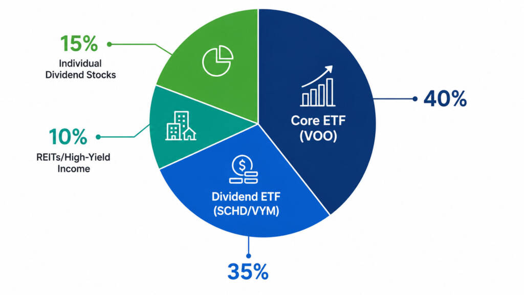 Dividend portfolio allocation pie chart showing ETF and stock split for building a dividend portfolio in 2026