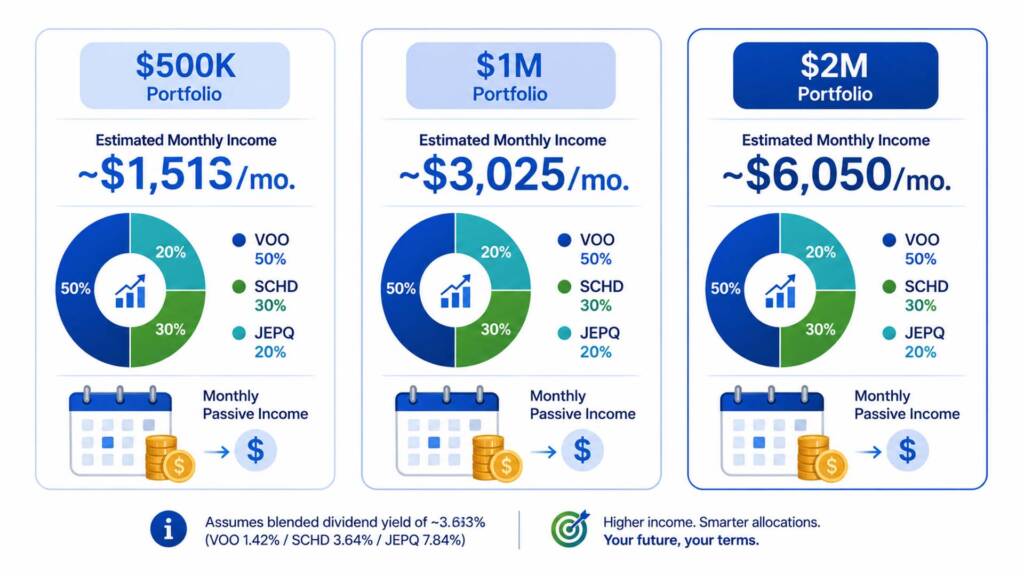 Three dividend portfolio income scenarios showing monthly cash flow from $500K, $1M, and $2M portfolios using VOO SCHD JEPQ in 2026