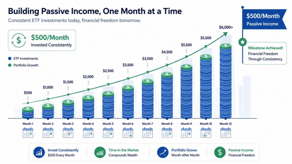 Flat vector illustration showing dollar-cost averaging growth chart for passive income ETF portfolio reaching $500 monthly income milestone