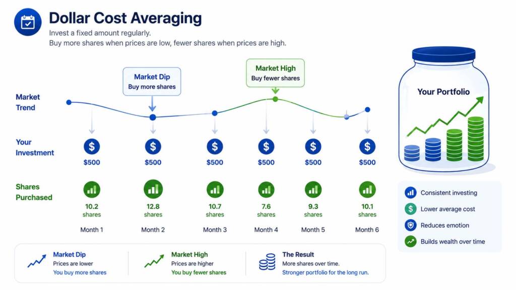 Infographic explaining dollar cost averaging ETF strategy showing regular monthly investments buying more shares when prices are low