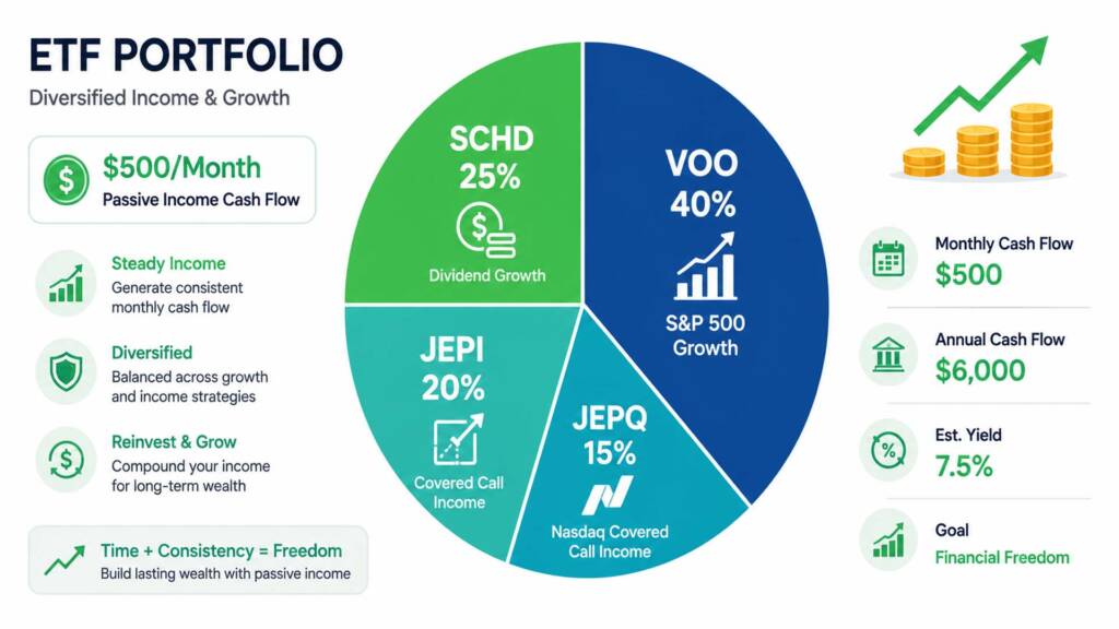 Pie chart showing passive income ETF portfolio allocation with VOO, SCHD, JEPI and JEPQ for $500 monthly income