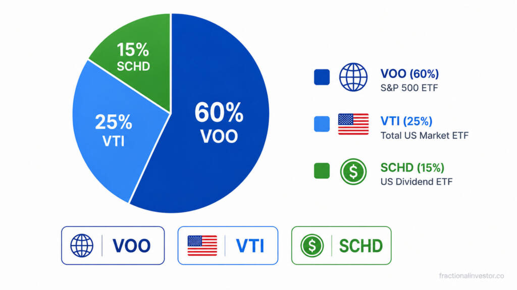 Pie chart illustration showing how to split a $100 monthly ETF investment between VOO, VTI, and SCHD for a balanced beginner portfolio