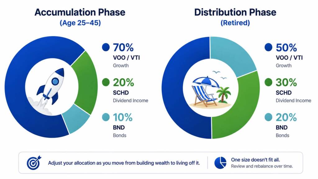 FIRE ETF portfolio allocation chart showing VOO VTI SCHD and BND for financial independence retire early strategy 2026