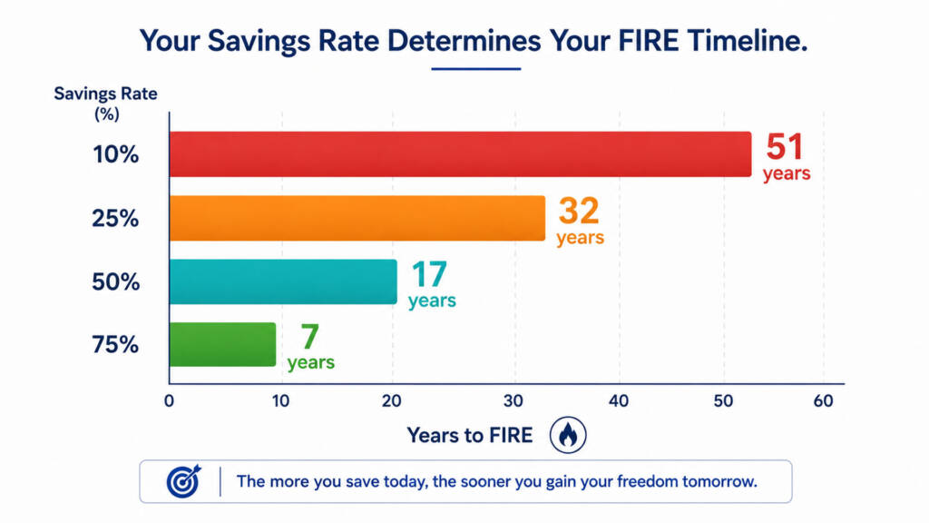 FIRE number Rule of 25 savings rate timeline chart showing years to financial independence at different savings rates