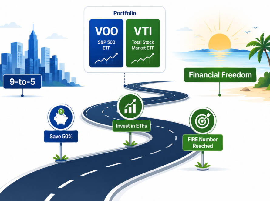 FIRE strategy ETF investing guide 2026 showing financial independence retire early roadmap with VOO and index funds