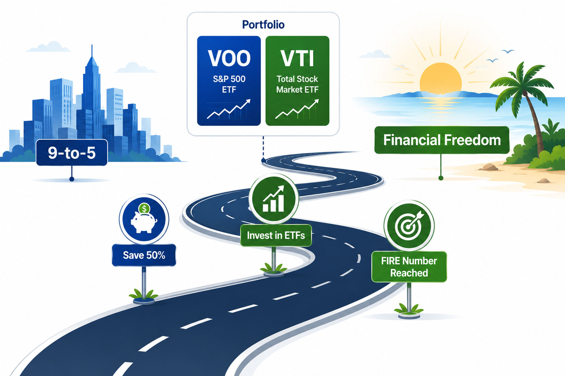 FIRE strategy ETF investing guide 2026 showing financial independence retire early roadmap with VOO and index funds