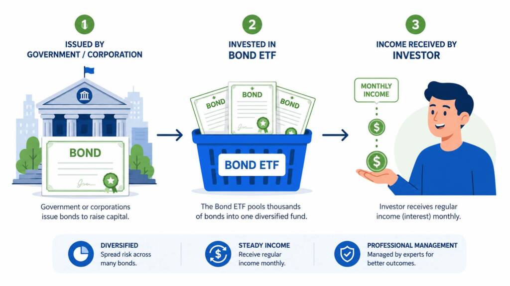 How bond ETFs work for beginners 2026 — flat vector diagram showing bond issuer, fund basket, and monthly income flow to investor