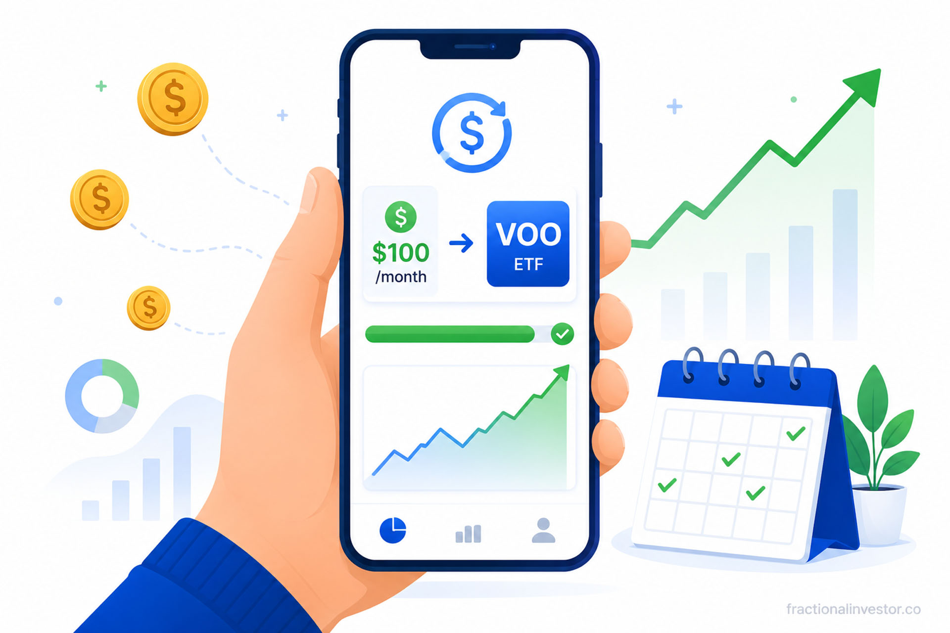 Beginner investor building wealth by choosing to invest $100 a month in ETFs through a simple step-by-step strategy shown on a smartphone dashboard