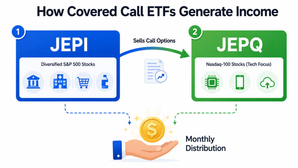 JEPI and JEPQ covered call strategy diagram showing equity portfolio and options overlay generating monthly income