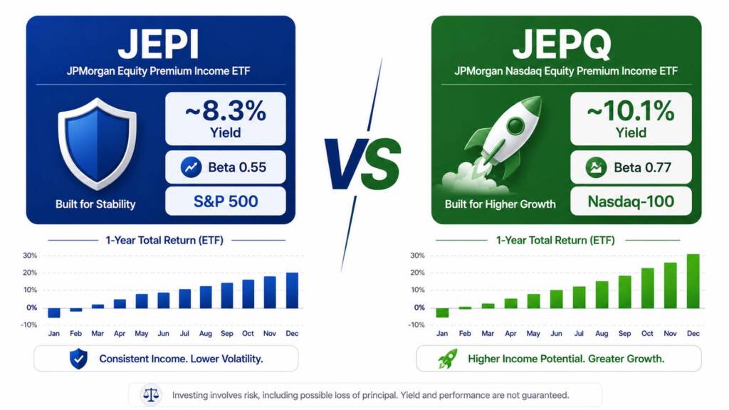 JEPI vs JEPQ covered call ETF comparison showing yield, beta, and performance differences in 2026