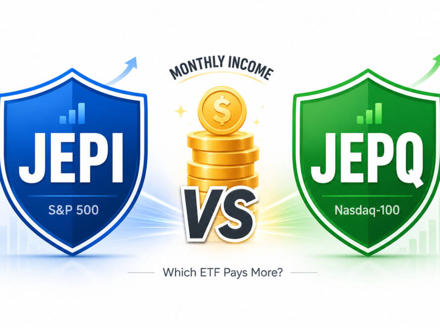 JEPI vs JEPQ high-yield ETF comparison 2026 — covered call income strategy illustration in blue and green