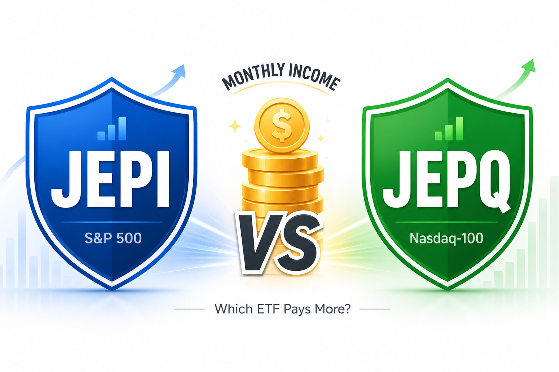 JEPI vs JEPQ high-yield ETF comparison 2026 — covered call income strategy illustration in blue and green