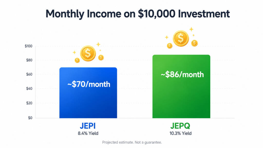 JEPI vs JEPQ monthly income simulation for a $10,000 investment showing projected annual income difference