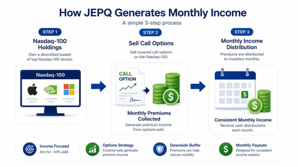 Diagram explaining how JEPQ's covered call strategy generates monthly income from Nasdaq-100 stocks