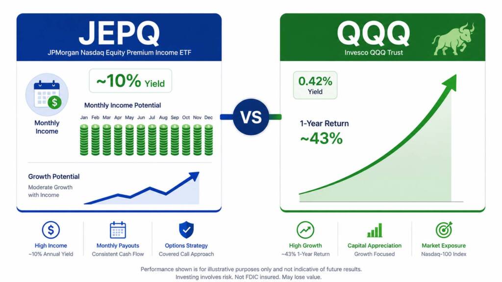 JEPQ vs QQQ ETF performance and yield comparison chart for 2026 investors
