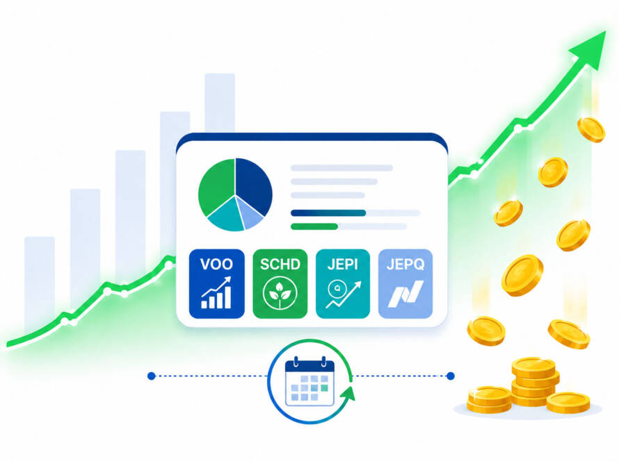 A flat vector illustration of a passive income ETF portfolio dashboard showing monthly cash flow of $500 with pie chart allocations for SCHD, JEPI, JEPQ, and VOO ETFs