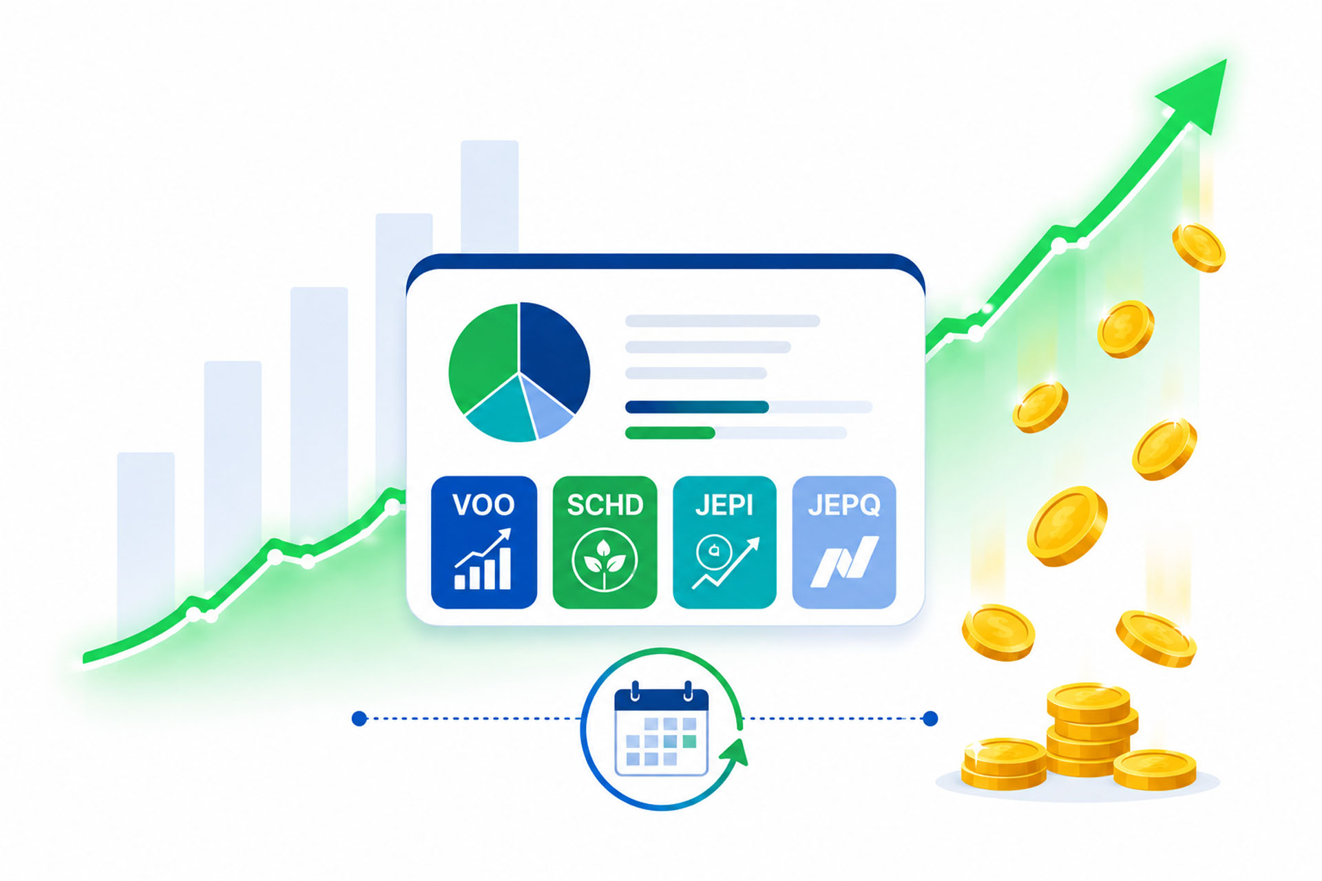 A flat vector illustration of a passive income ETF portfolio dashboard showing monthly cash flow of $500 with pie chart allocations for SCHD, JEPI, JEPQ, and VOO ETFs