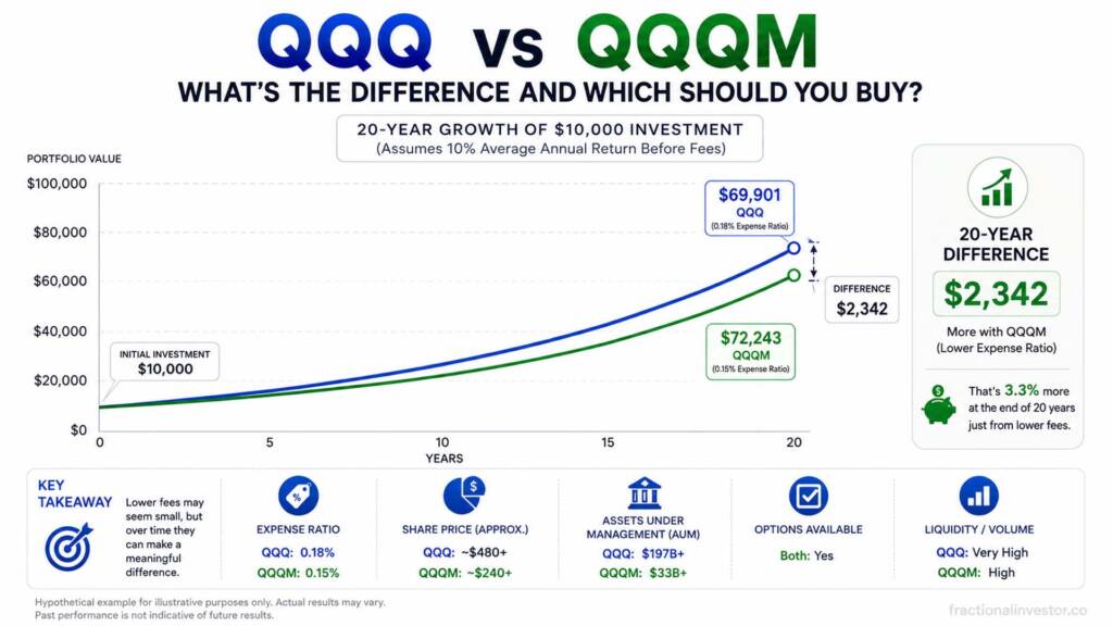 Chart illustrating the long-term fee impact in the QQQ vs QQQM difference over 20 years
