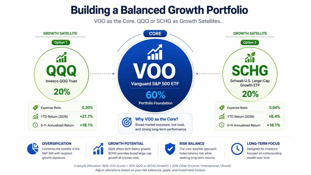 QQQ vs SCHG portfolio strategy with VOO core and growth satellite allocation for long-term investors