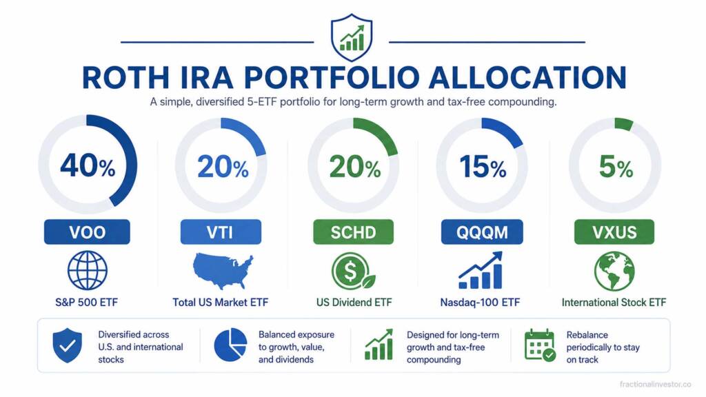 Recommended Roth IRA ETF allocation infographic showing 5 best ETFs 2026 portfolio weights