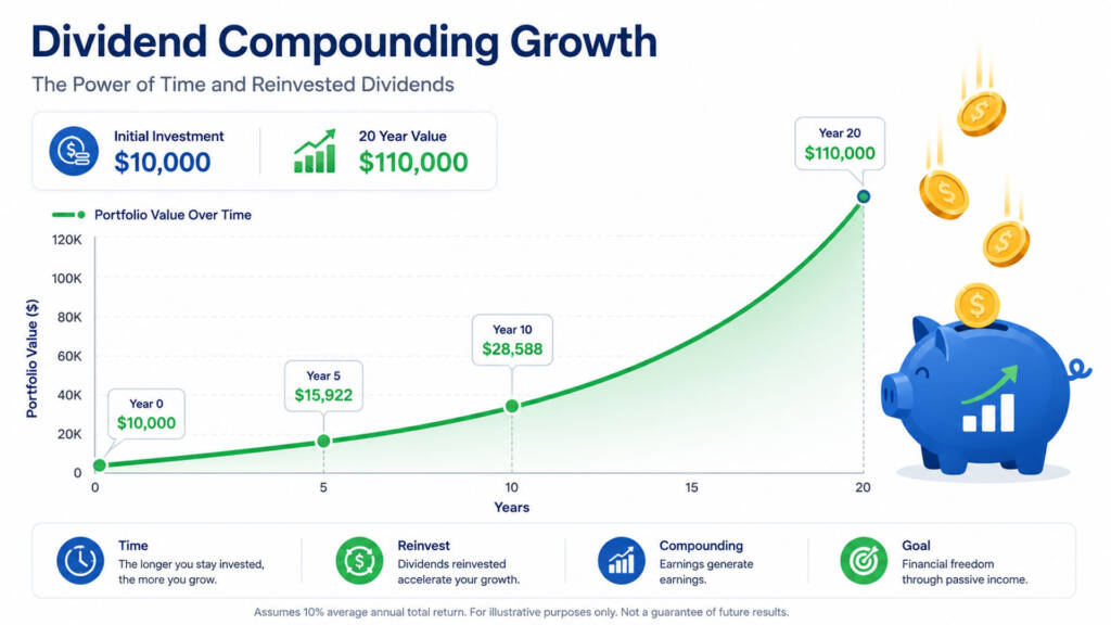 SCHD ETF dividend compounding growth simulation 2026 showing $10,000 investment growing over 20 years with reinvested dividends