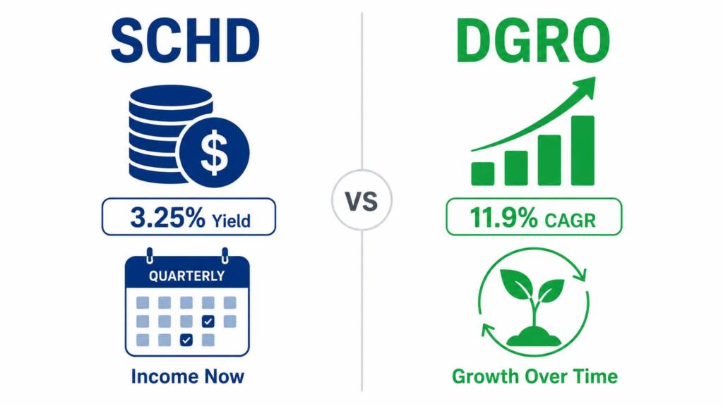 Infographic comparing SCHD dividend yield of 3.25% vs DGRO dividend growth rate showing passive income vs total return tradeoff