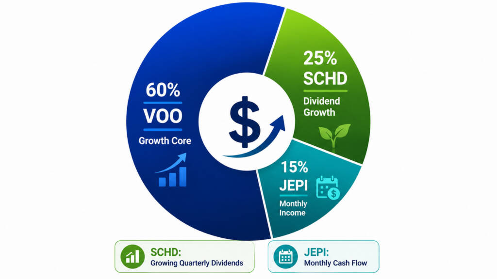 SCHD vs JEPI portfolio allocation strategy showing how to combine both ETFs with VOO for income growth and monthly cash flow