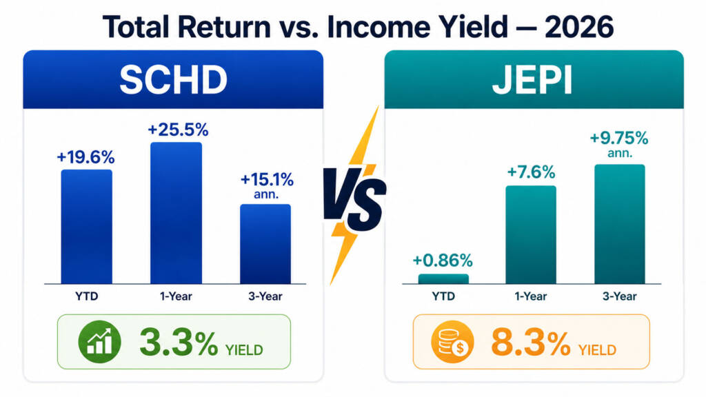 SCHD vs JEPI side-by-side comparison chart showing total return and dividend yield differences in 2026