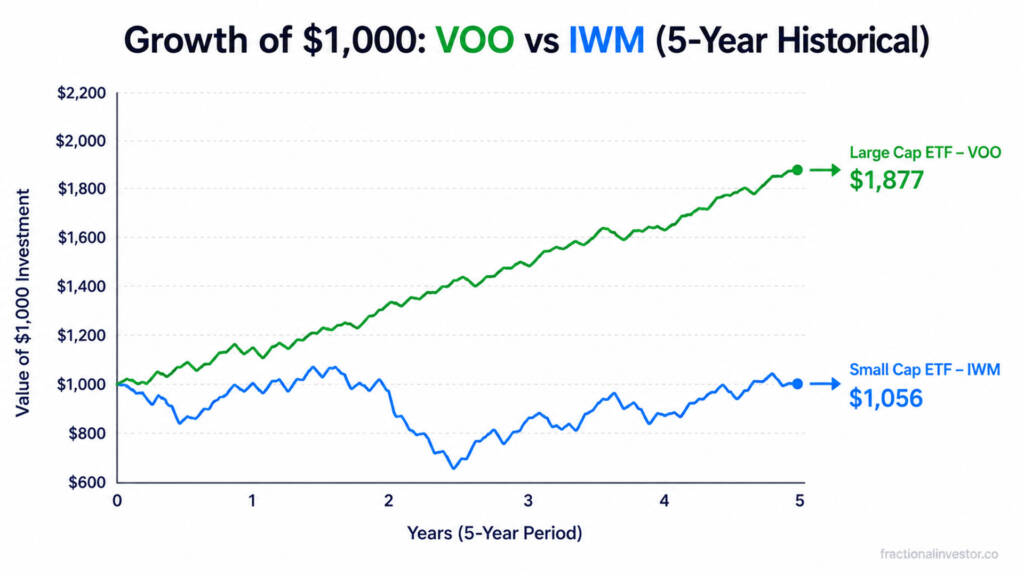 Chart comparing $1000 investment growth in small cap ETF IWM vs large cap ETF VOO over 5 years