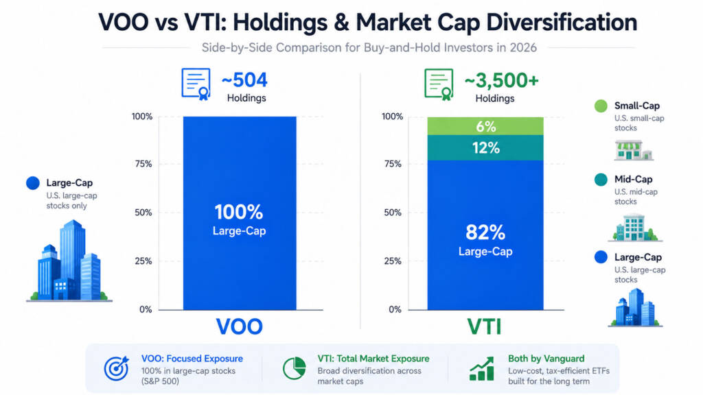 Side-by-side comparison chart of VTI vs VOO holdings and market cap diversification