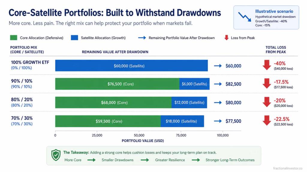 Annotated chart showing hypothetical QQQ drawdown outcomes across core and satellite portfolio mixes
